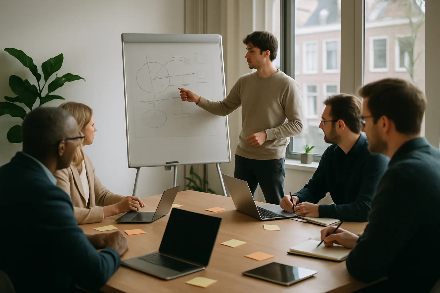 Kleine groep collega's rond een vergadertafel met laptops, notities en een whiteboard, gezichten onscherp.