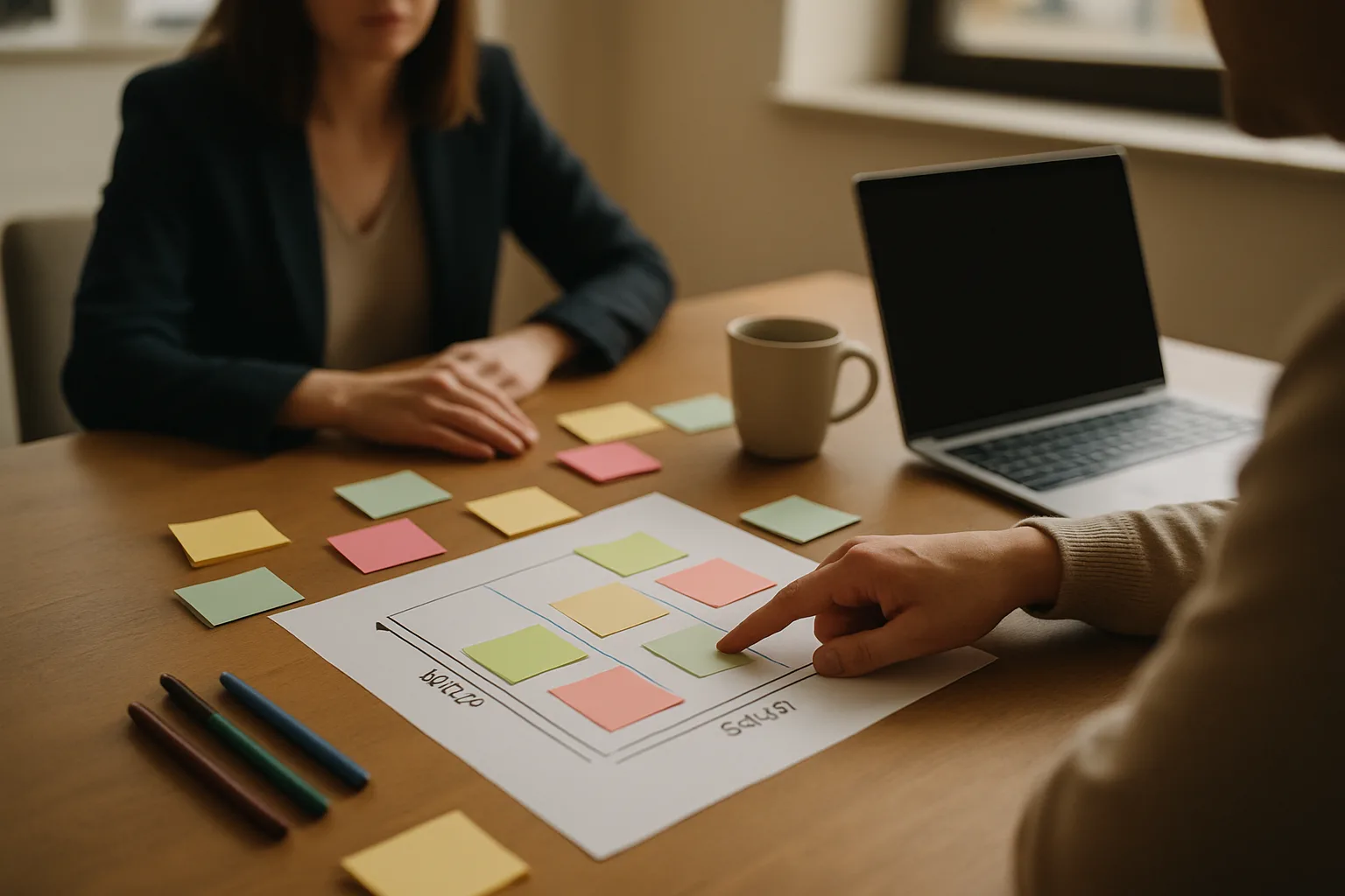 Houten tafel met impact‑effort matrix op papier, post‑its, pennen, laptop en twee onscherpe personen die naar het papier wijzen.